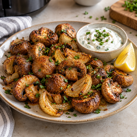 Knusprige Champignons aus der Heißluftfritteuse mit Joghurt-Knoblauch-Dip