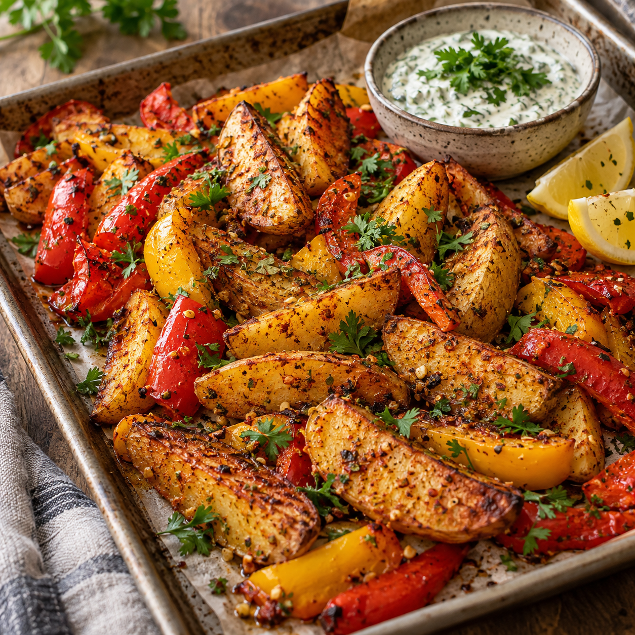 Knusprige Ofenwedges mit roter und gelber Paprika