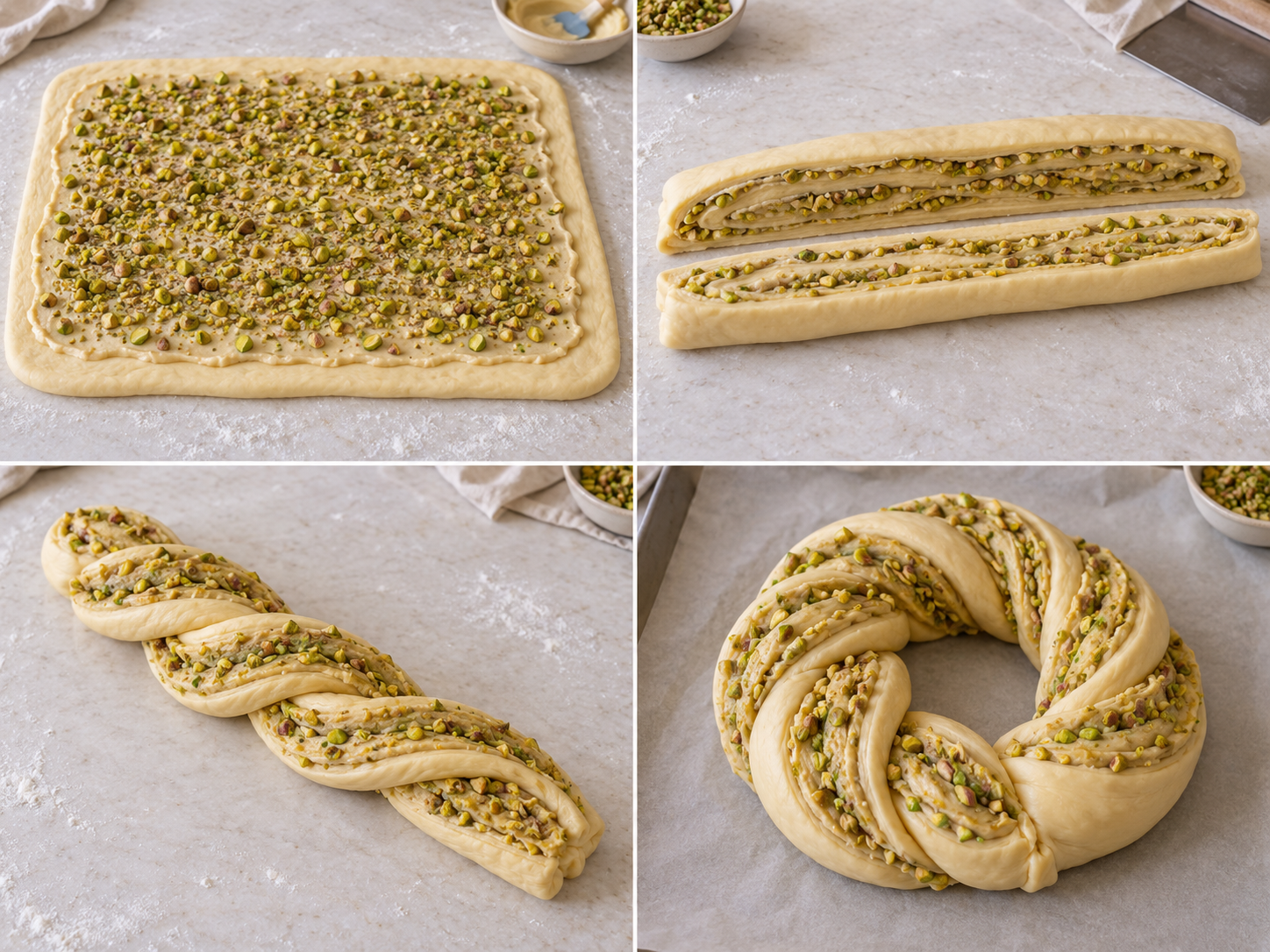 Zubereitungsschritte für Hefekranz mit Marzipan und Pistazien