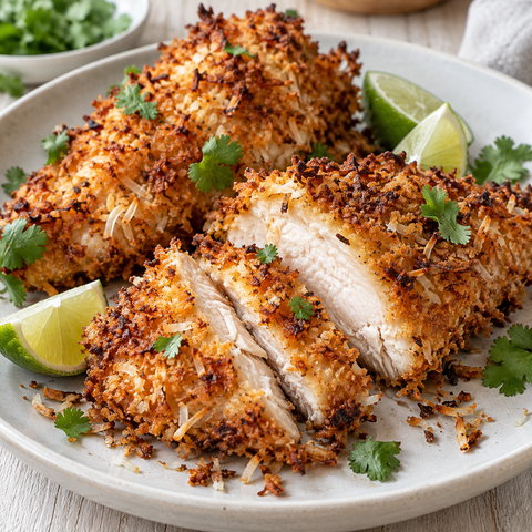Knuspriges Kokos-Hähnchen mit Limette und Kräutern auf hellem Teller