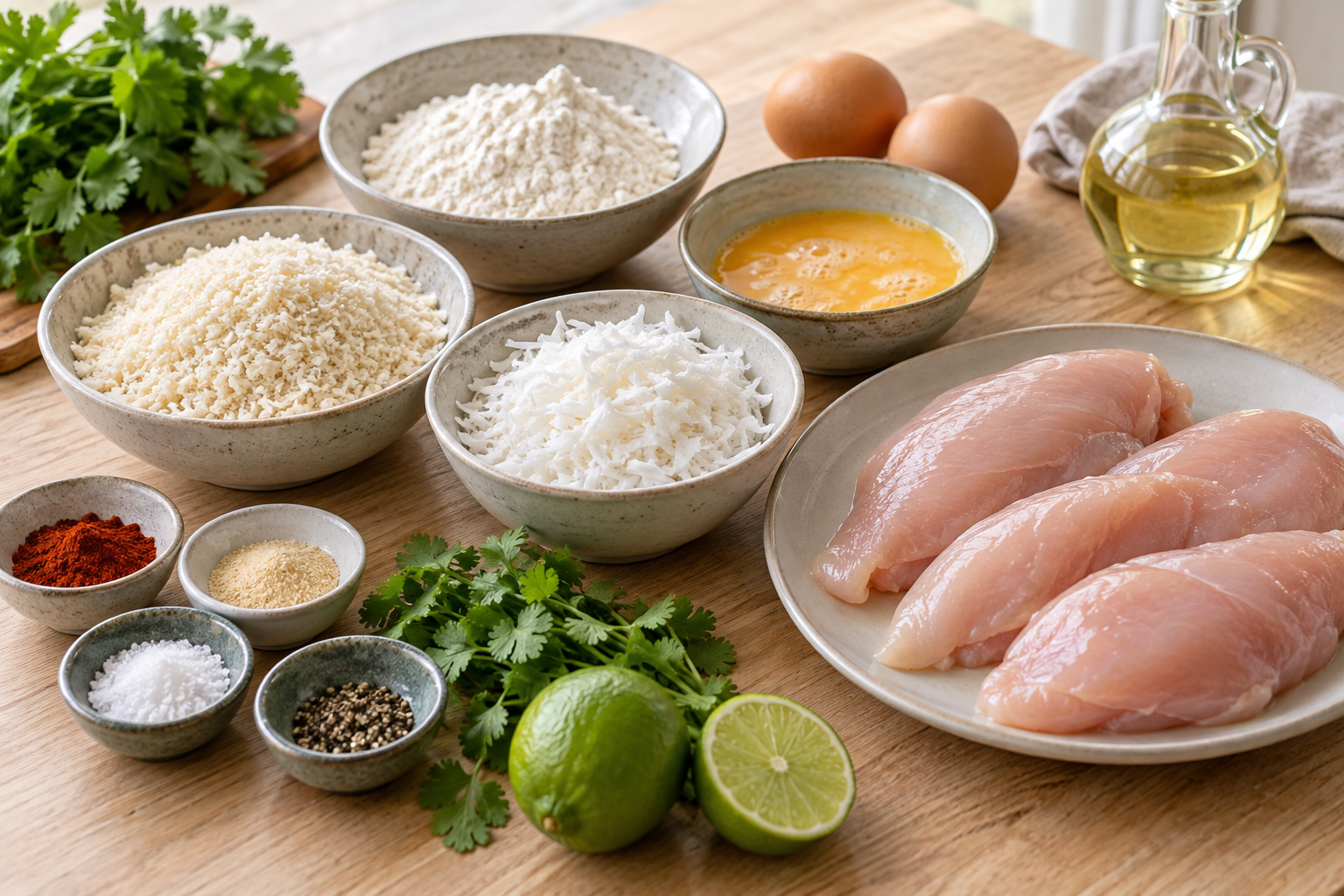 Zutaten für Kokos-Hähnchen mit Panko, Ei, Limette und Gewürzen