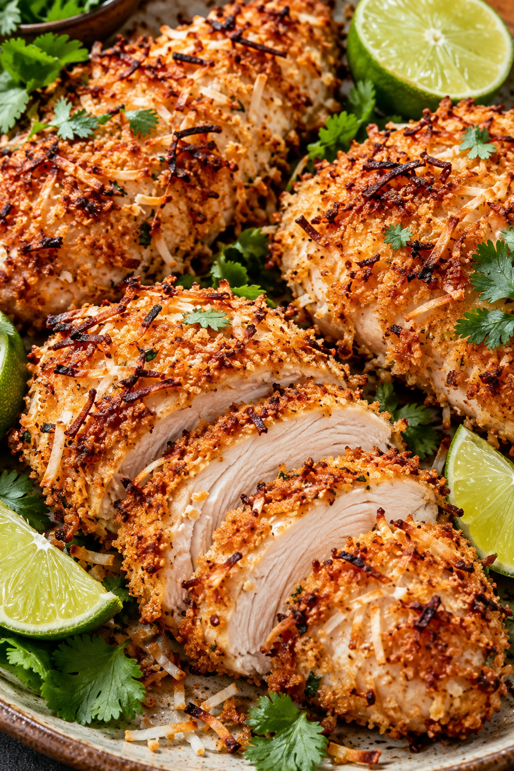 Goldbraunes Kokos-Hähnchen mit saftigem Anschnitt und Limette