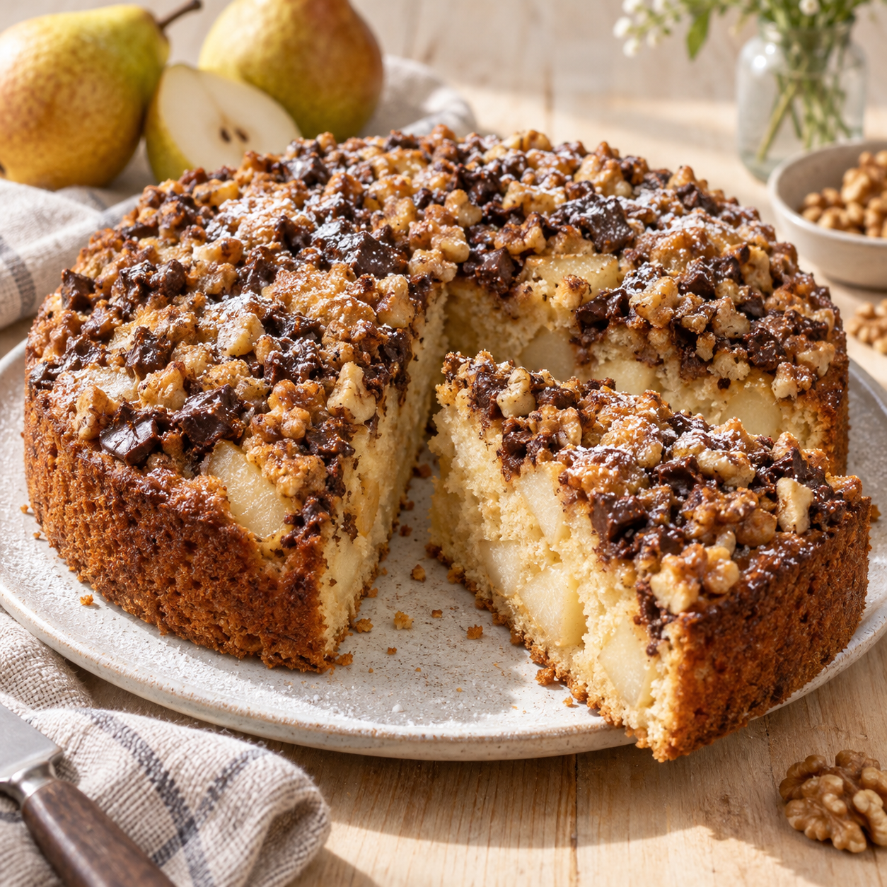 Birnenkuchen mit Schoko-Walnuss-Knusper und sichtbaren Birnenstücken