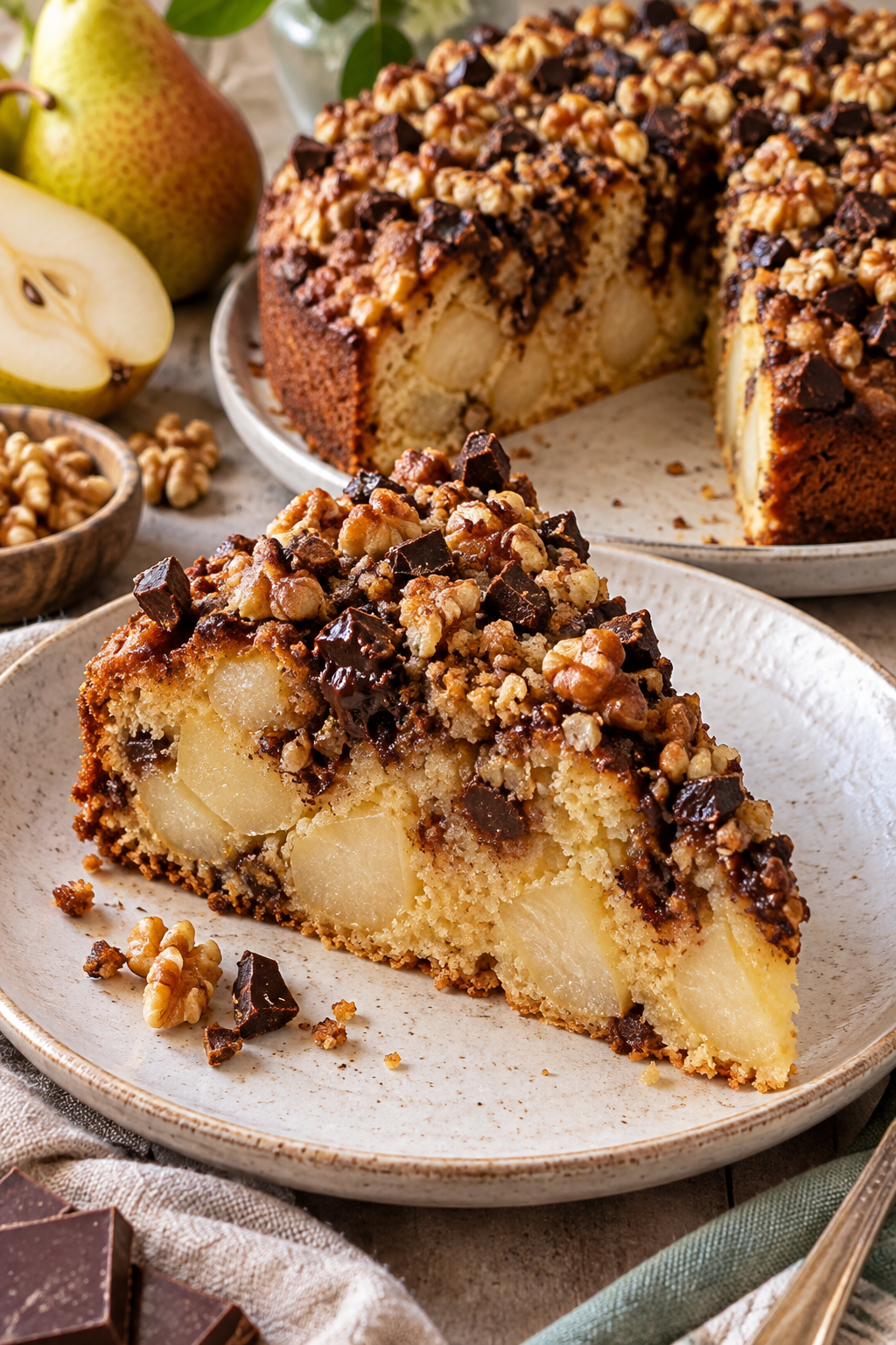 Saftiges Stück Birnenkuchen mit Schokolade und Walnuss-Knusper