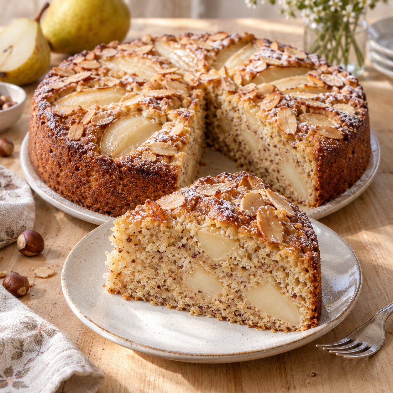 Saftiger Birnenkuchen mit Mandeln und Puderzucker auf einem Teller
