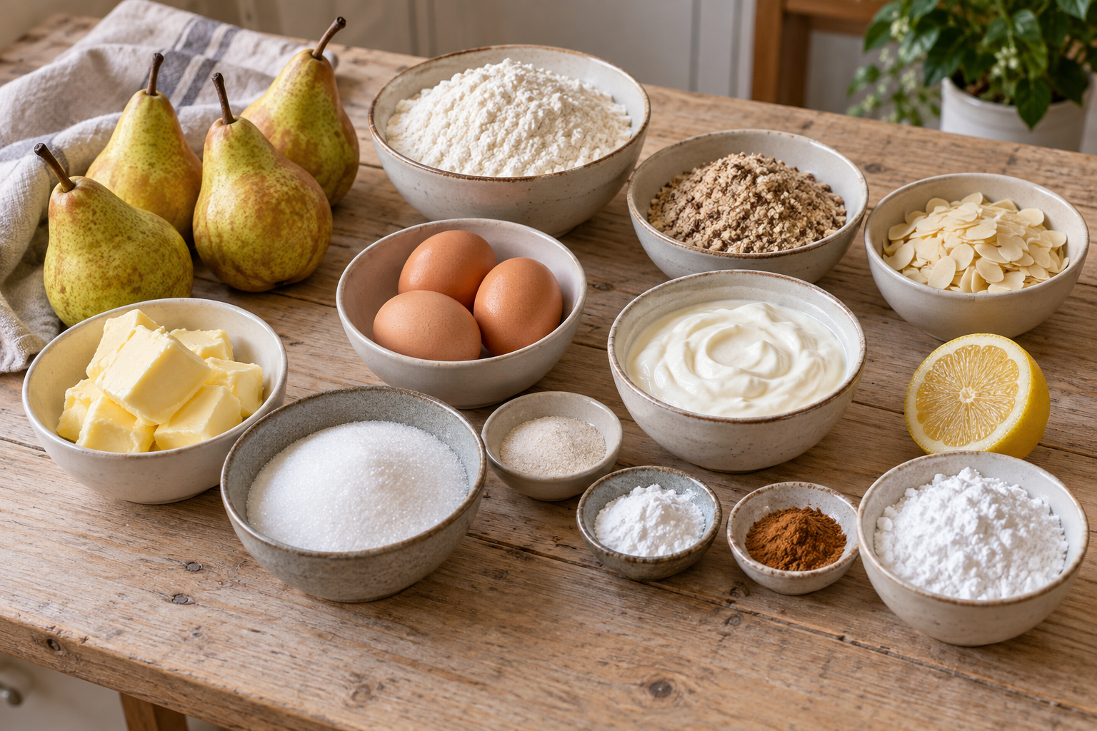 Zutaten für Birnenkuchen mit Birnen, Schmand, Haselnüssen und Mandeln