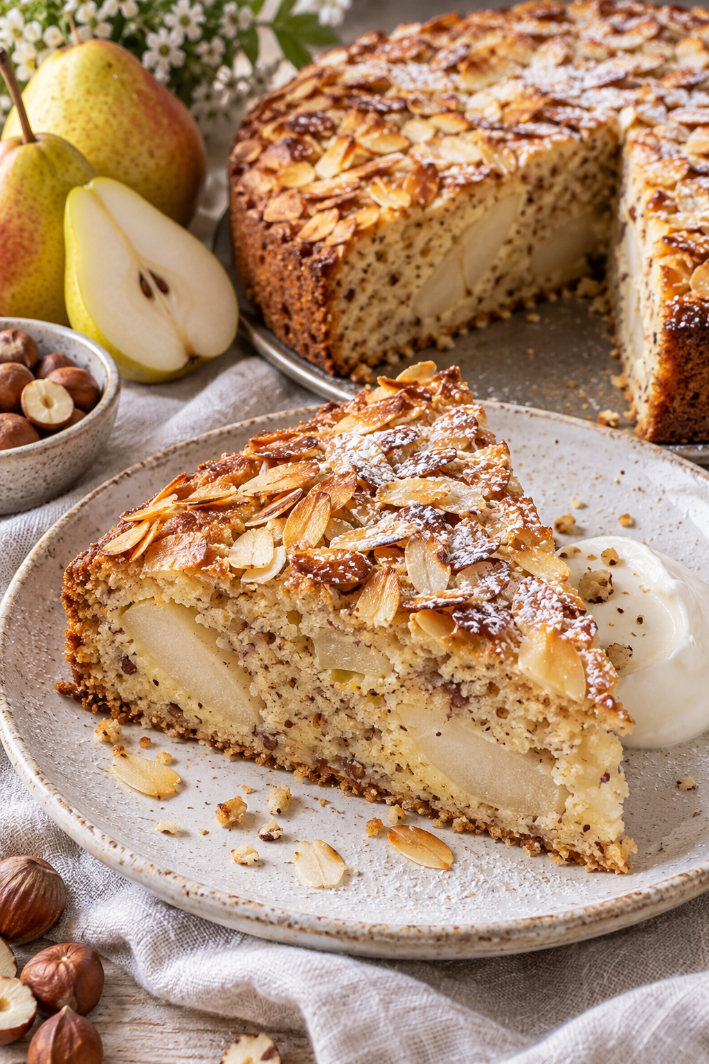 Saftiges Stück Birnenkuchen mit Mandelkruste und Puderzucker