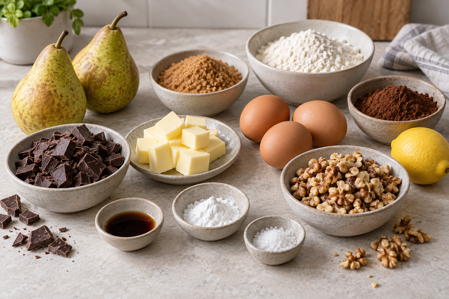 Zutaten für Birnen-Walnuss-Brownies mit Schokolade und Walnüssen