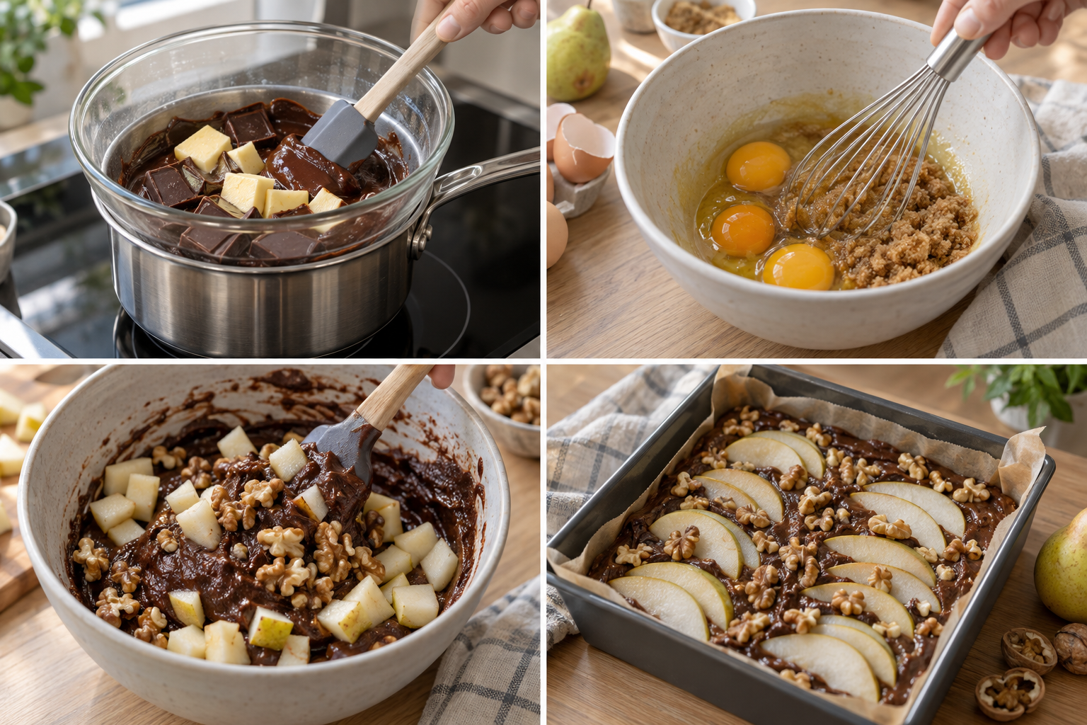 Vier Zubereitungsschritte für Birnen-Walnuss-Brownies