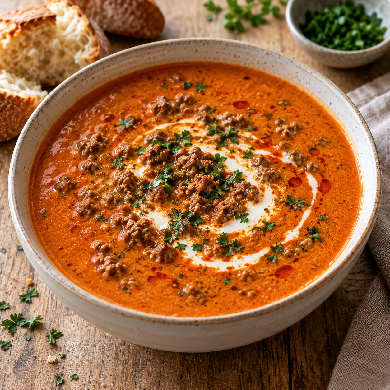 Cremige Ajvar-Suppe mit Rinderhack und Petersilie