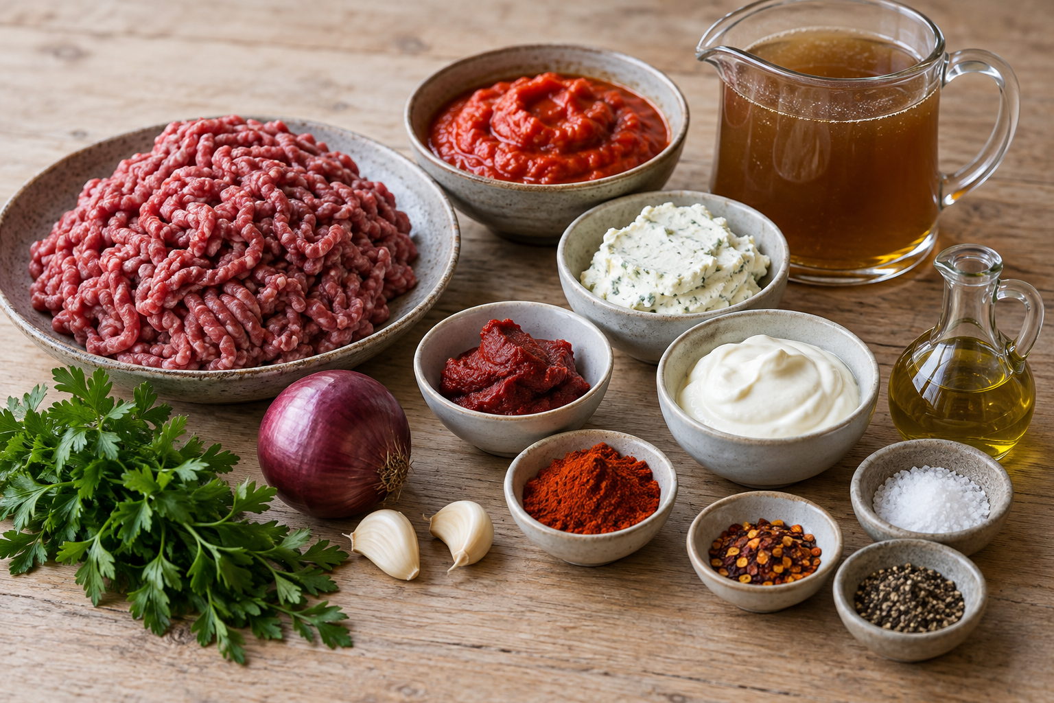 Zutaten für Ajvar-Suppe mit Rinderhack