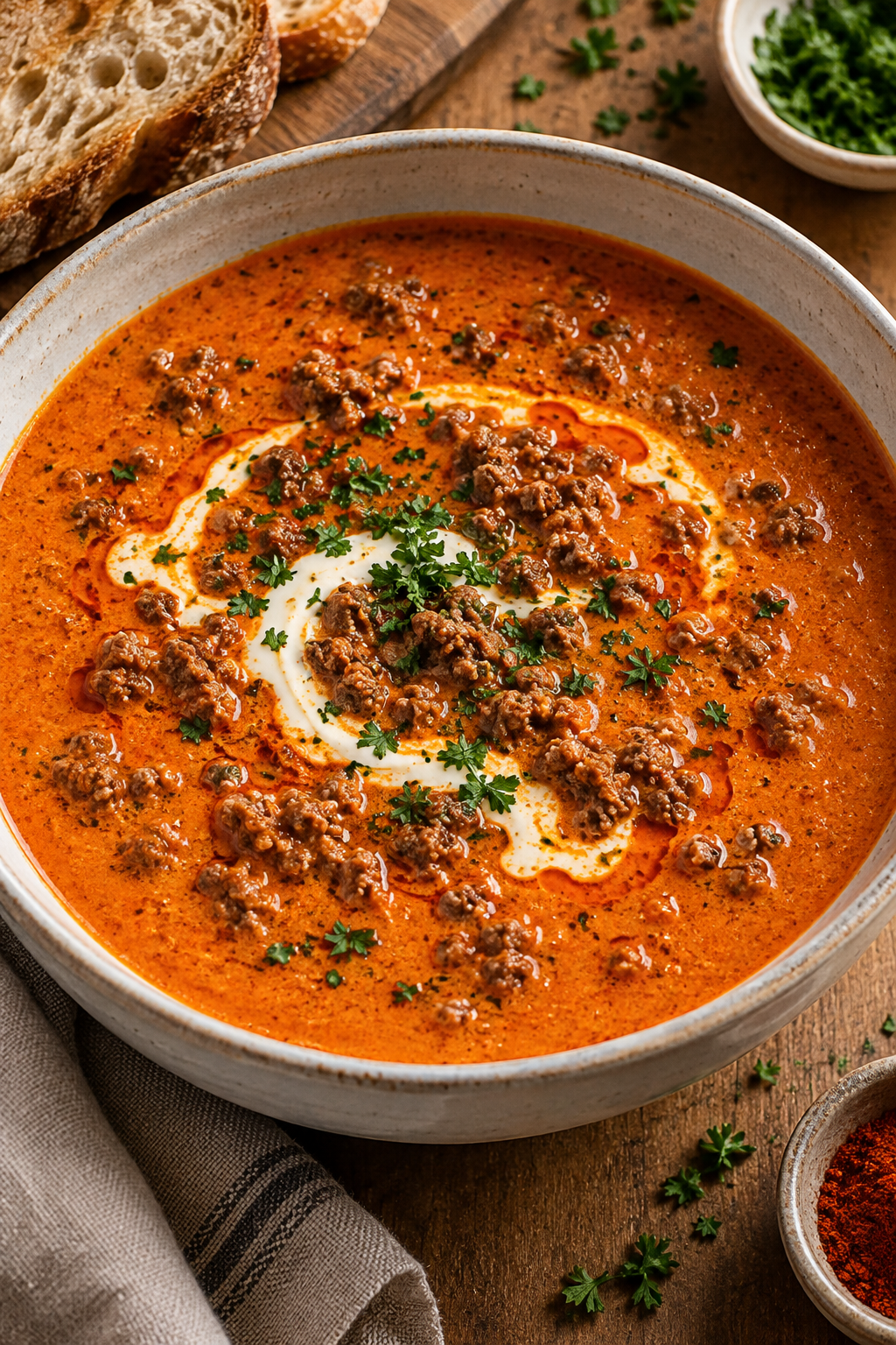 Würzige Ajvar-Suppe mit Rinderhack und Crème fraîche