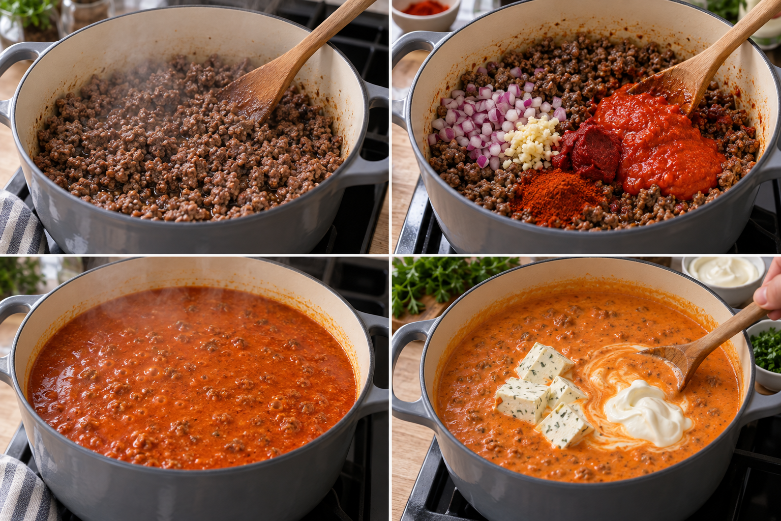 Vier Kochschritte für Ajvar-Suppe mit Rinderhack