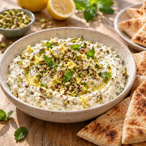 Cremiger Pistazien-Feta-Dip mit Minze und Zitrone
