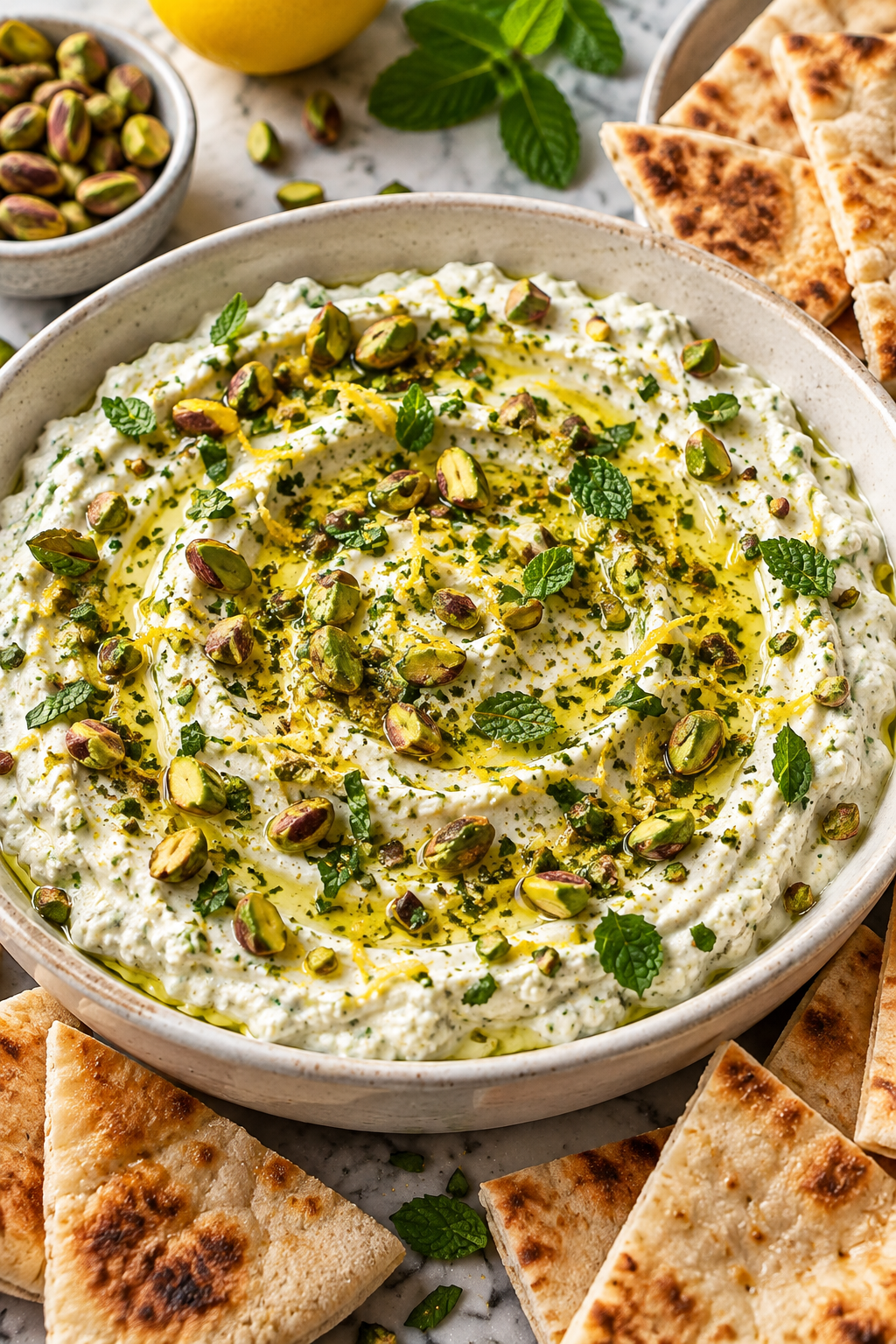 Pistazien-Feta-Dip mit Minze und Fladenbrot