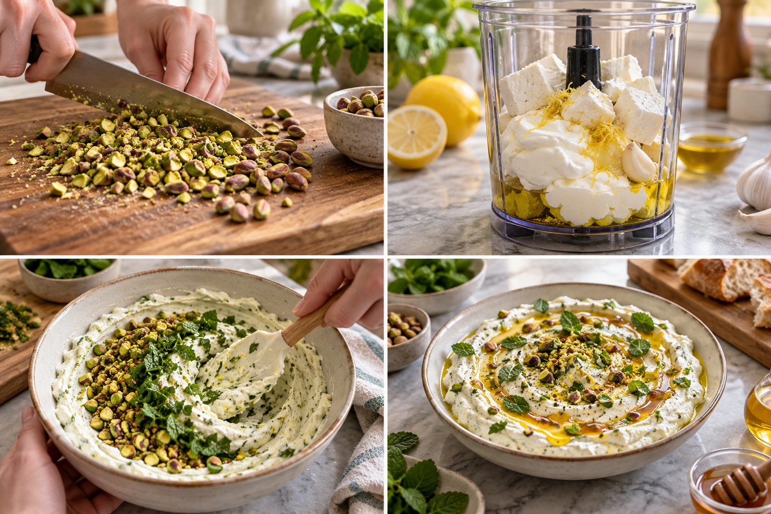 Vier Zubereitungsschritte für Pistazien-Feta-Dip