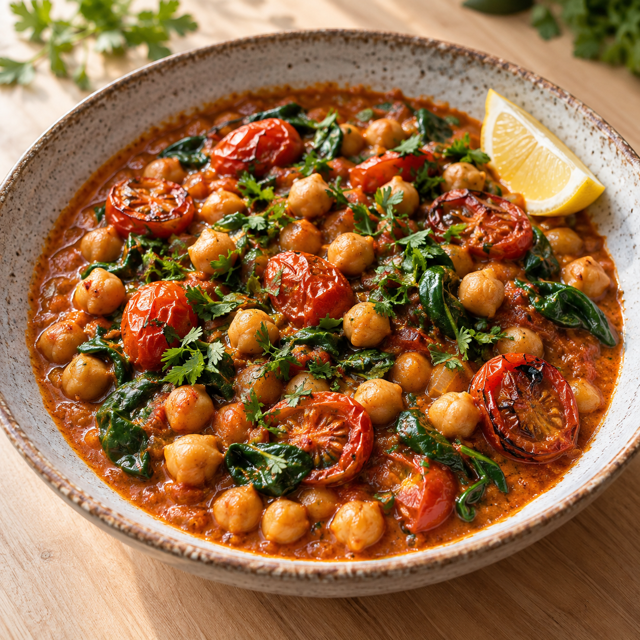 Würziger Kichererbsen-Eintopf mit Harissa, gerösteten Tomaten und Spinat