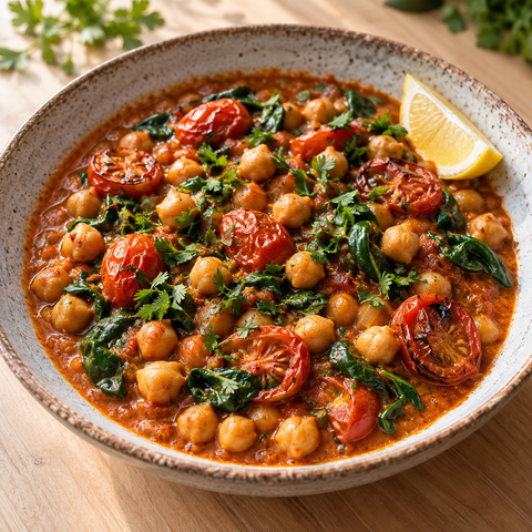 Würziger Kichererbsen-Eintopf mit Harissa, gerösteten Tomaten und Spinat