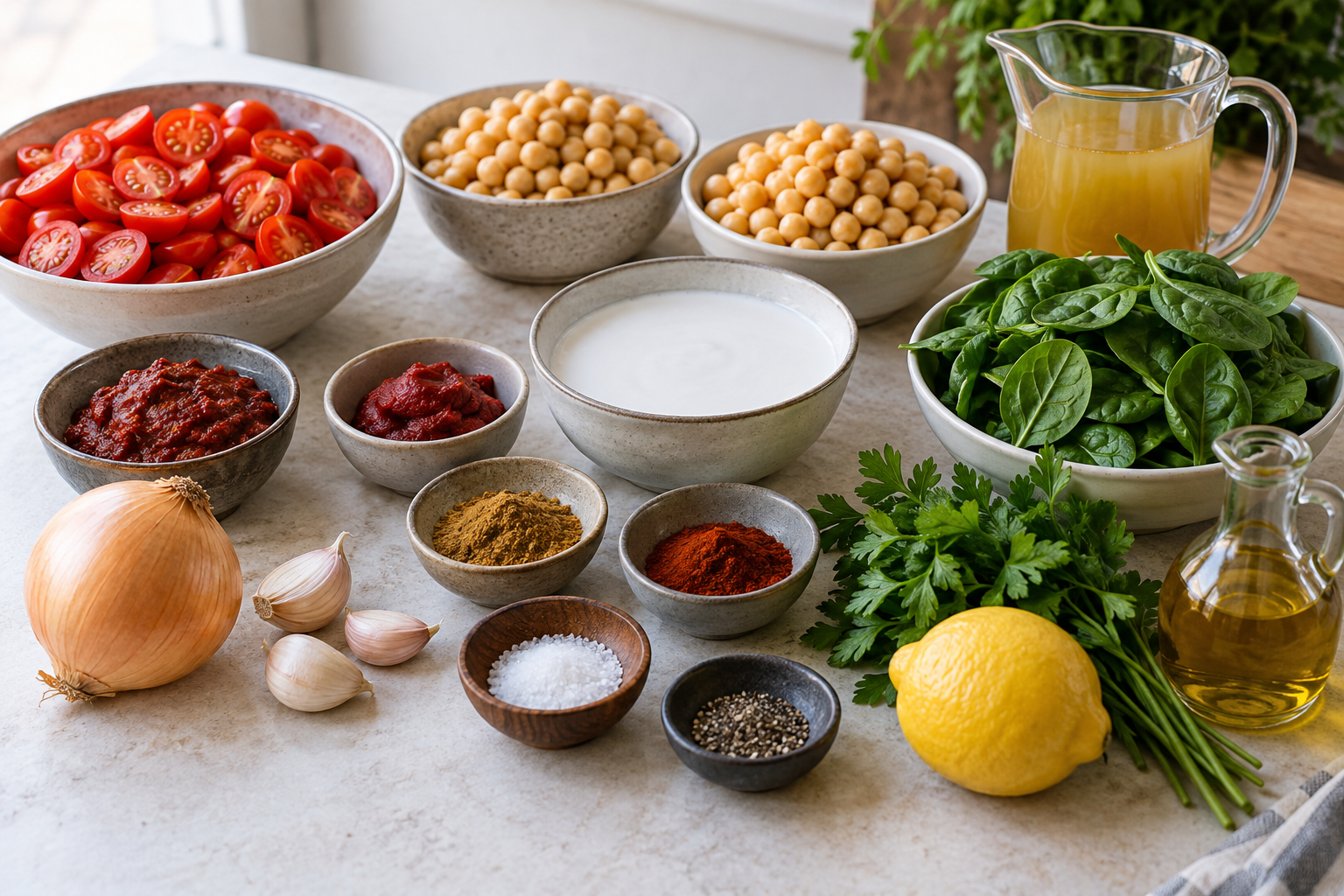 Zutaten für Kichererbsen-Eintopf mit Harissa und gerösteten Tomaten