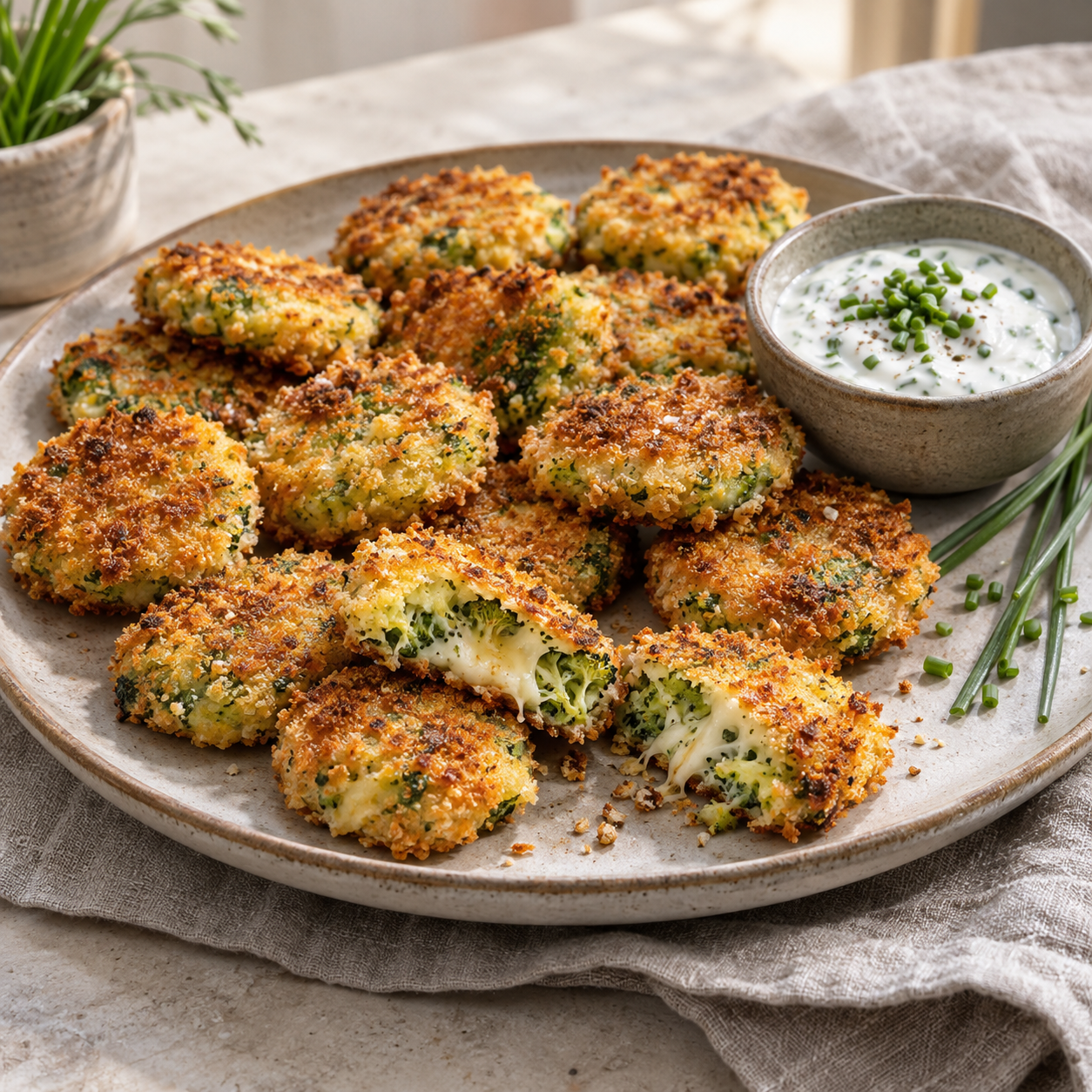 Knusprige Brokkoli-Käse Nuggets aus dem Ofen mit Joghurt-Kräuter-Dip