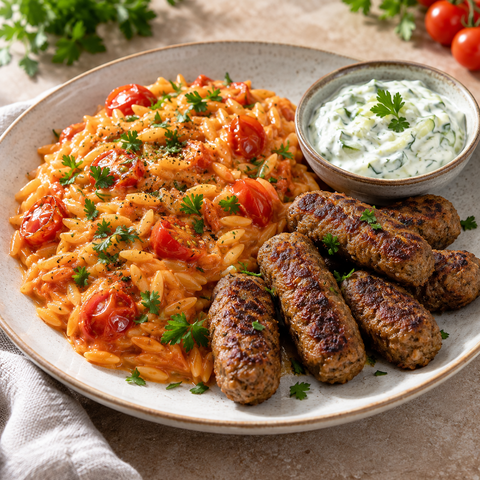 Cremige Tomaten-Kritharaki mit gebratenen veganen Cevapcici und Tzatziki