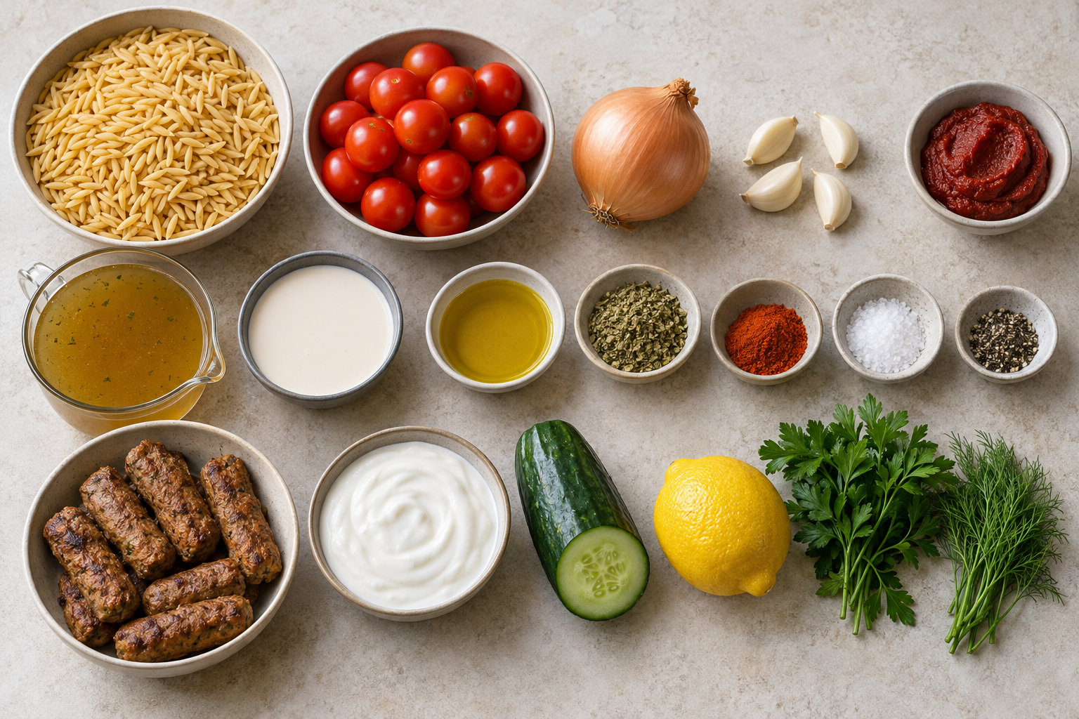 Zutaten für Tomaten-Kritharaki mit veganen Cevapcici und Tzatziki