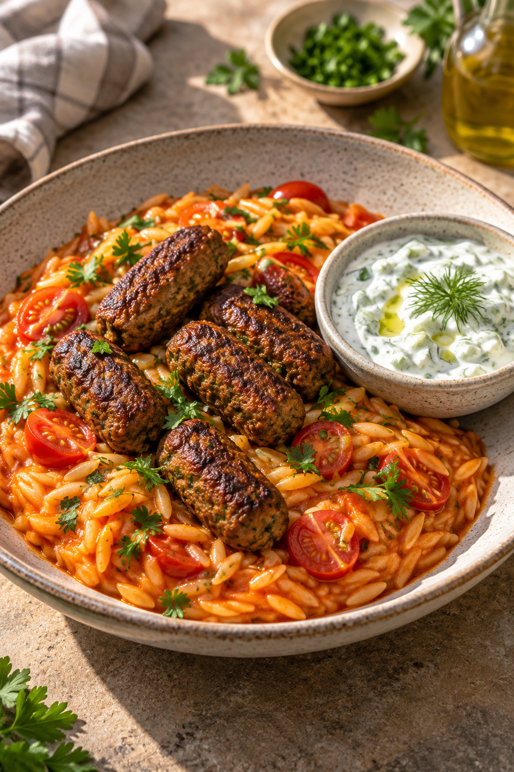 Tomaten-Kritharaki mit veganen Cevapcici und Tzatziki im Hochformat