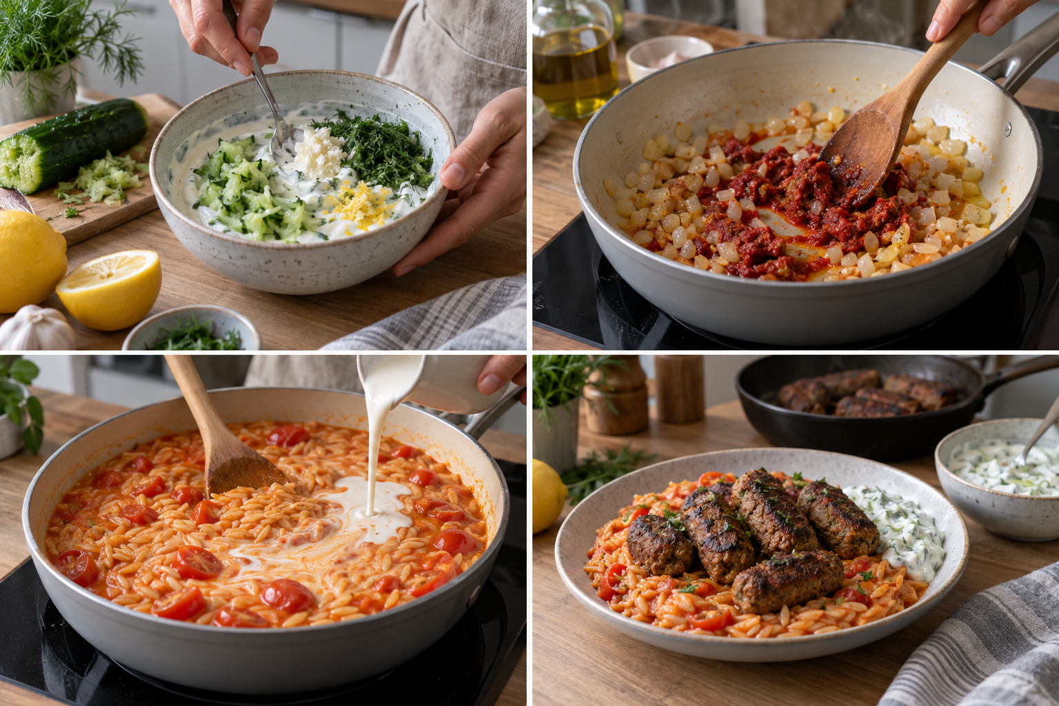 Zubereitung von Tzatziki, Tomaten-Kritharaki und veganen Cevapcici in vier Schritten