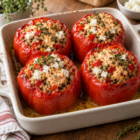 Vier mediterran gefüllte rote Paprika mit Quinoa, Feta, Thymian und cremigem Peppasweet-Frischkäse