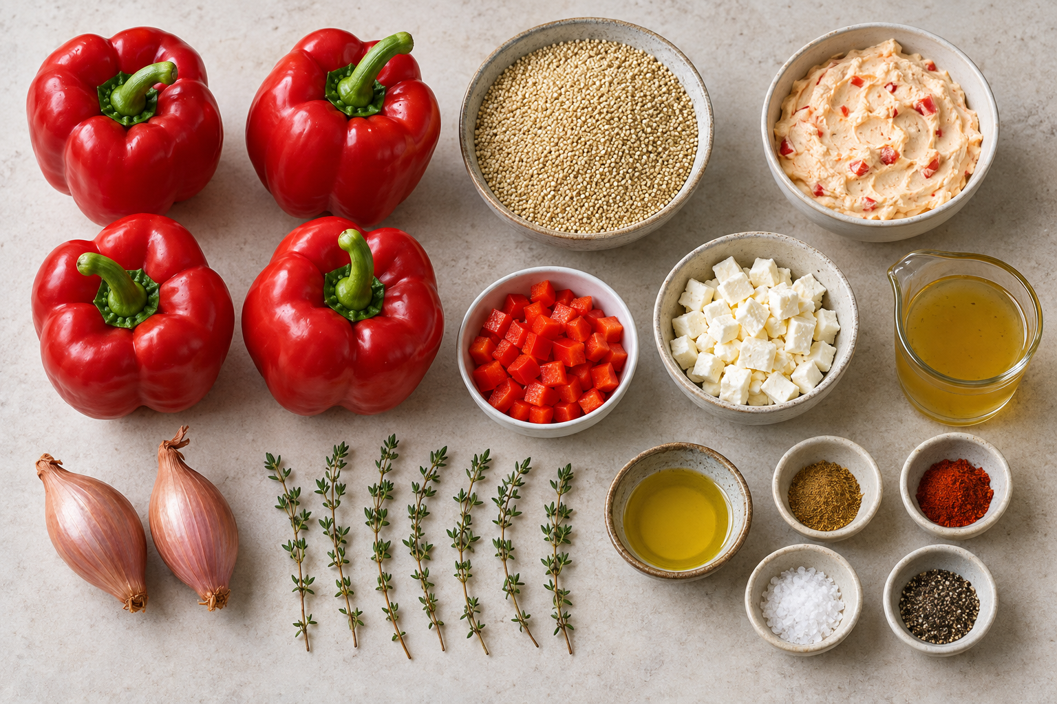 Zutaten für gefüllte Quinoa-Paprika mit vier roten Paprika, Quinoa, Feta, Schalotten, Thymian und Peppasweet-Frischkäse