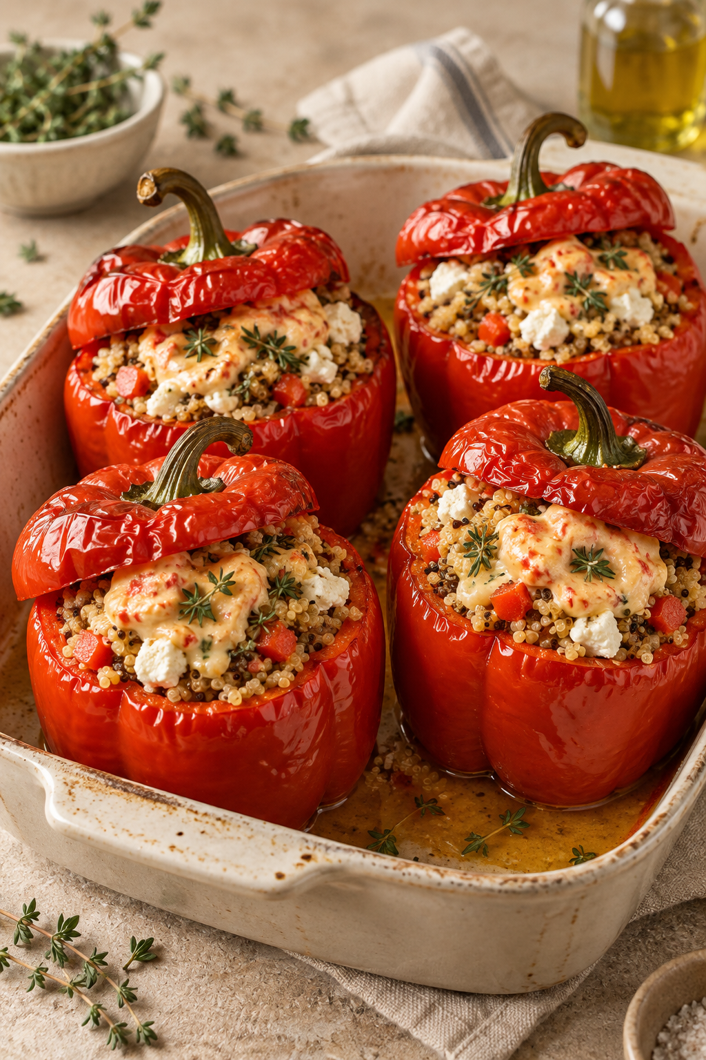 Mediterrane Ofenpaprika mit Quinoa, Feta und Peppasweet-Frischkäse