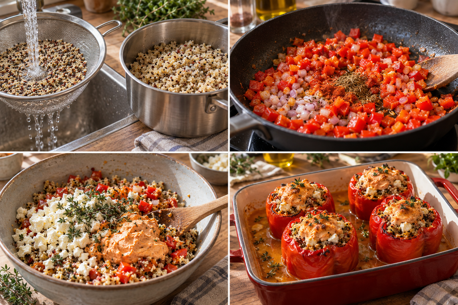 Zubereitung der Quinoa-Füllung und vier gefüllter Paprika in vier Schritten