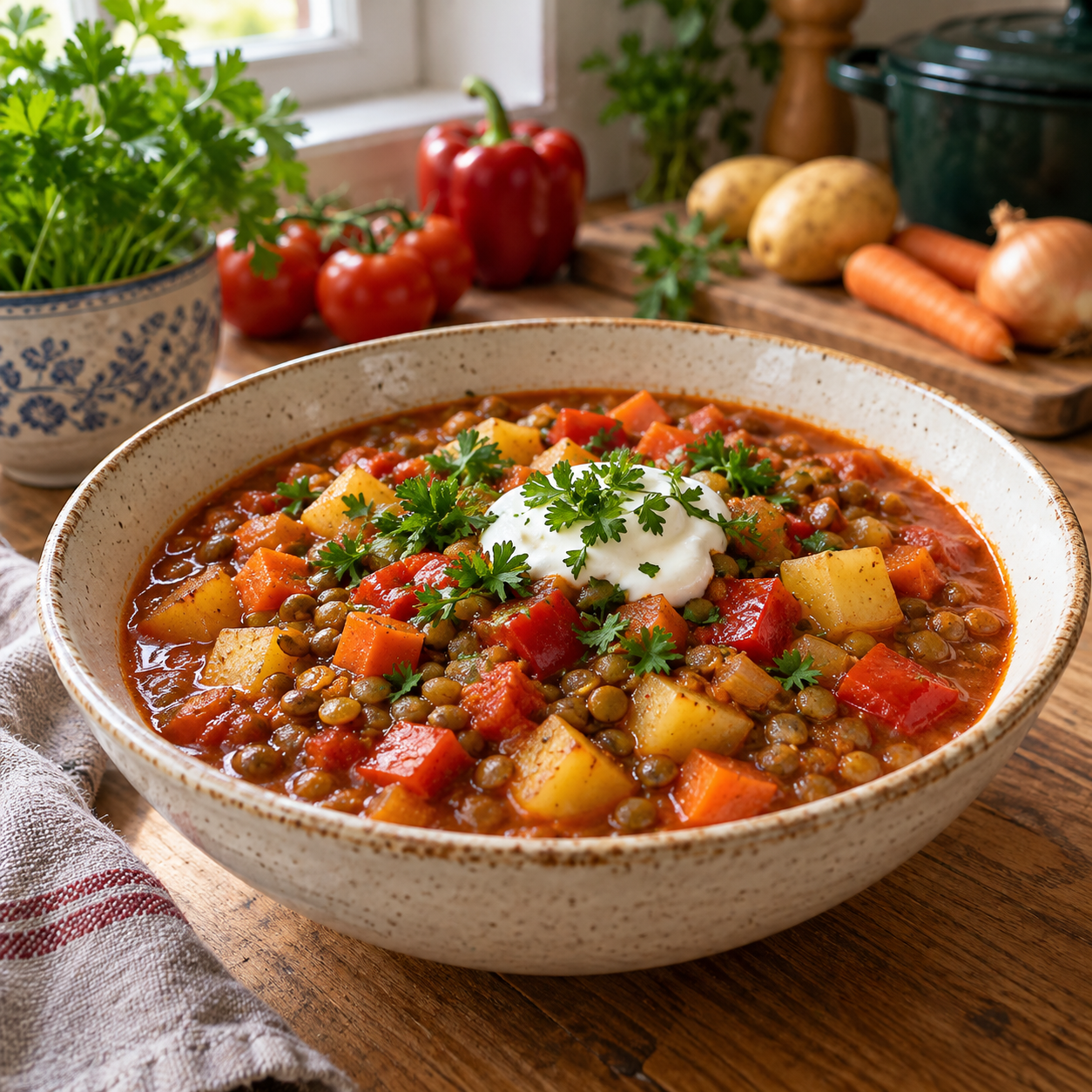 Herzhafter vegetarischer Bauerntopf mit grünen Linsen, Kartoffeln, Möhren und roter Paprika