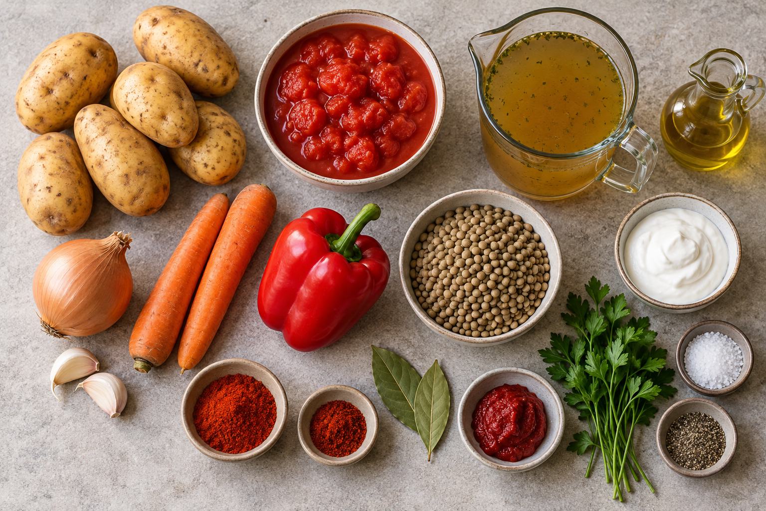 Zutaten für vegetarischen Bauerntopf mit Kartoffeln, grünen Linsen, Tomaten, Möhren und Paprika