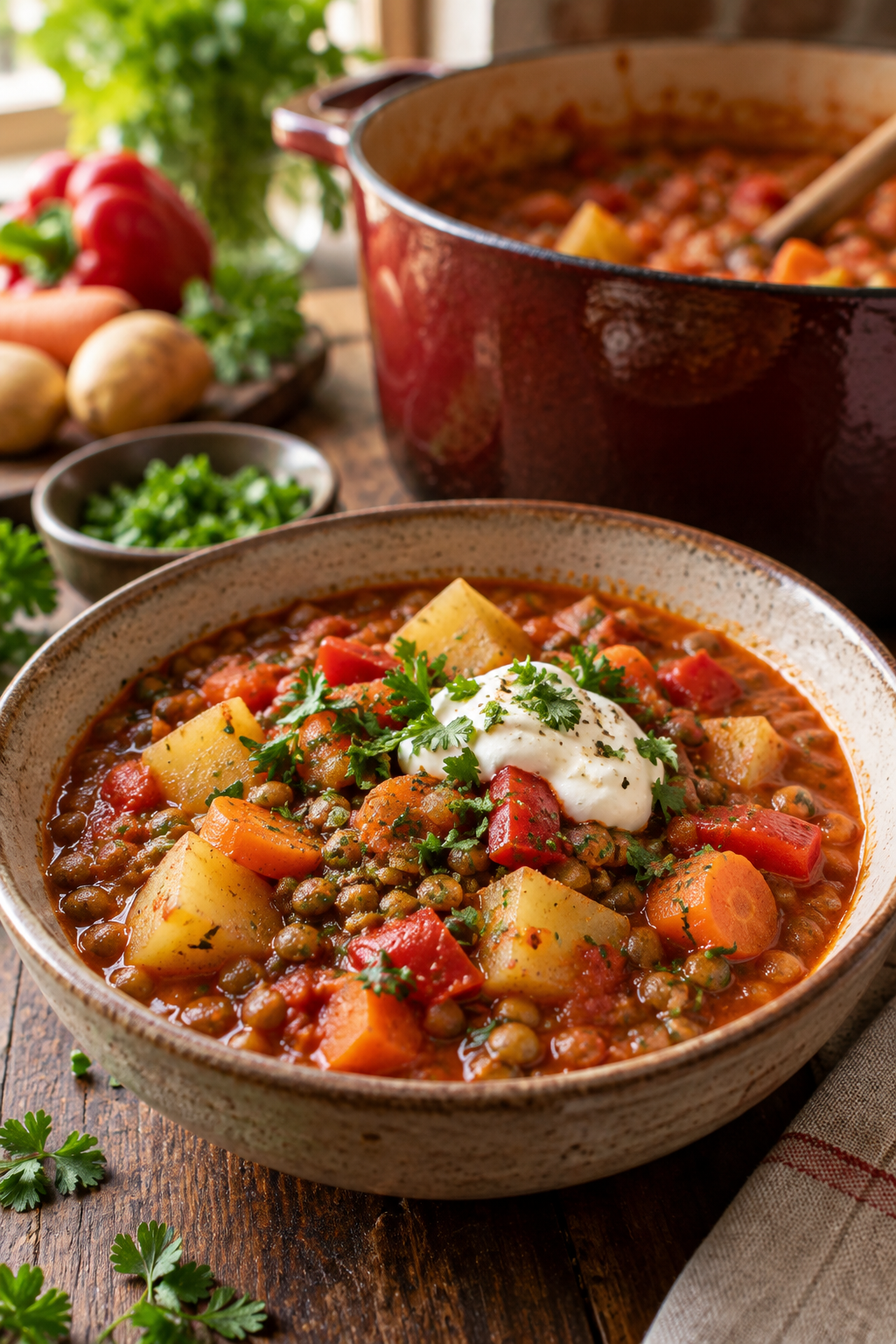 Vegetarischer Bauerntopf mit Linsen, Kartoffeln und Gemüse