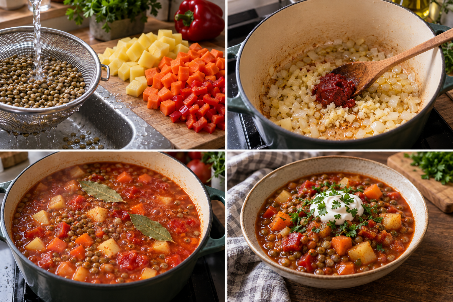 Zubereitung des vegetarischen Bauerntopfs mit Linsen in vier Schritten