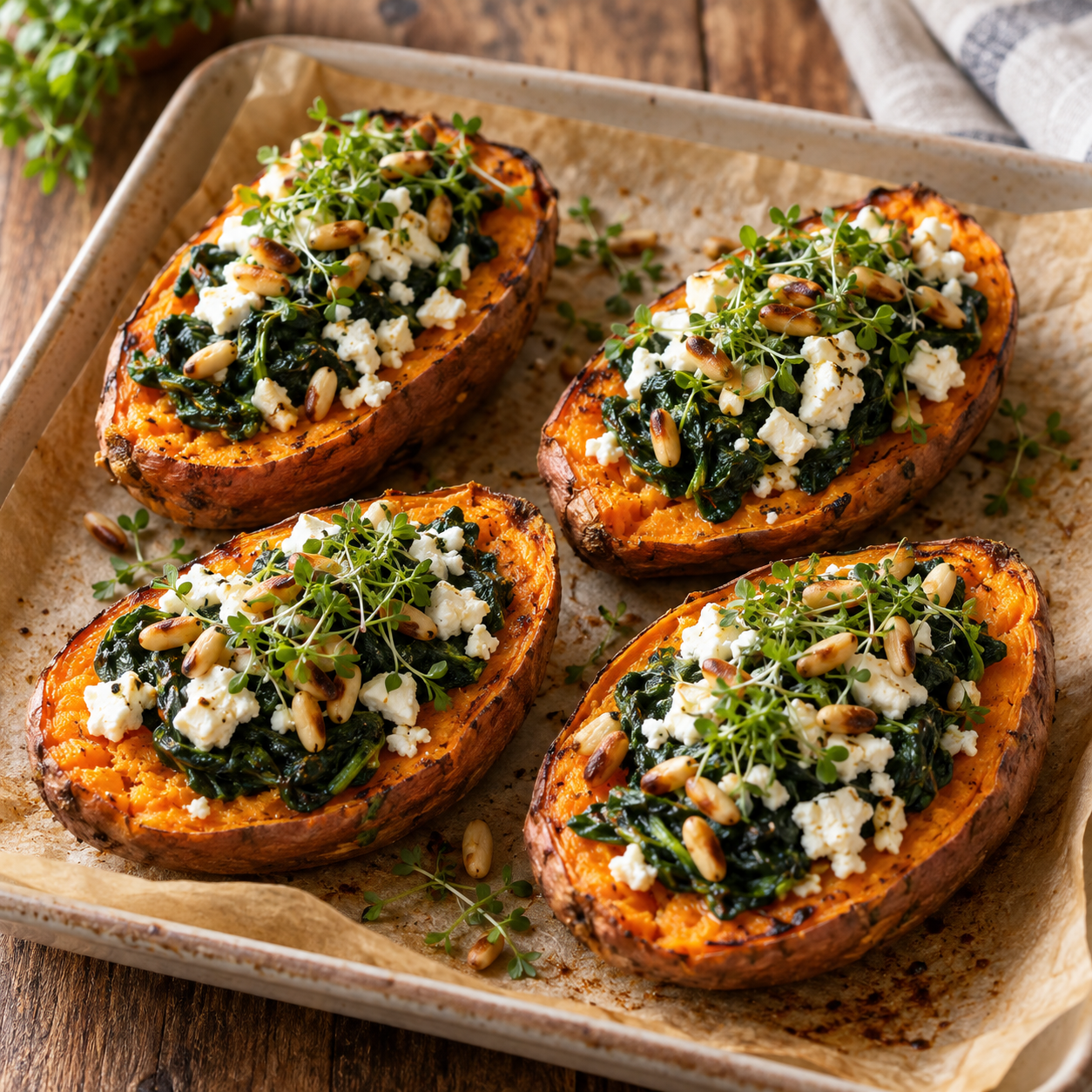 Vier gefüllte Süßkartoffelhälften mit Spinat, Feta, gerösteten Pinienkernen und Kresse