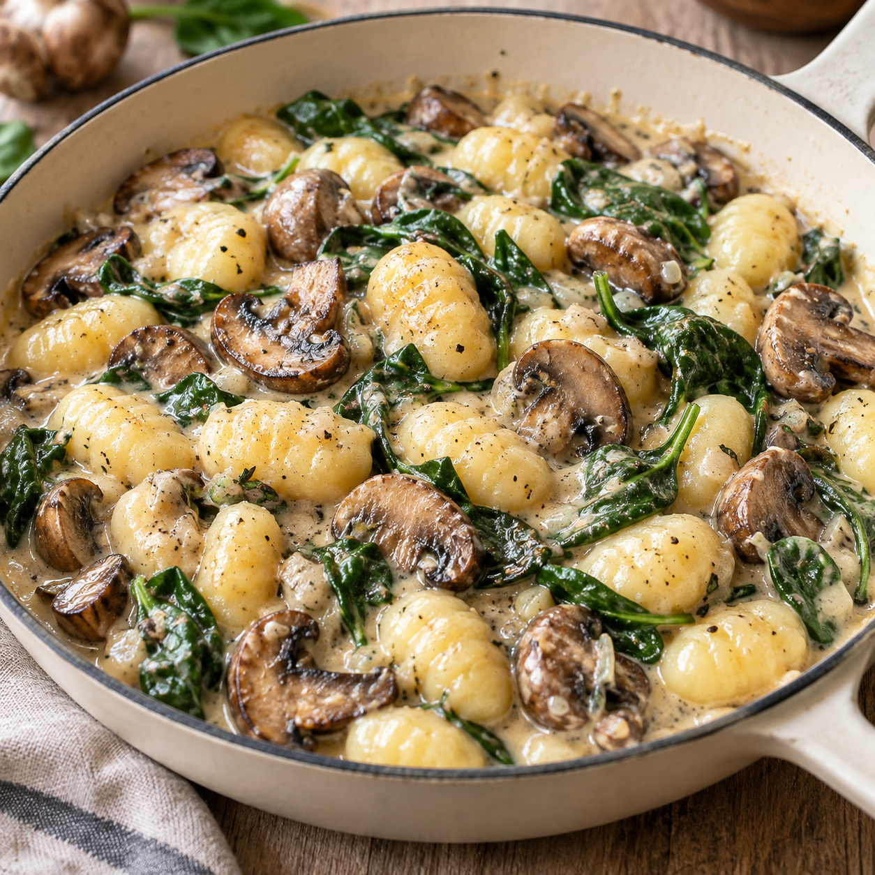 Cremige Gnocchi-Pfanne mit braunen Champignons und Babyspinat