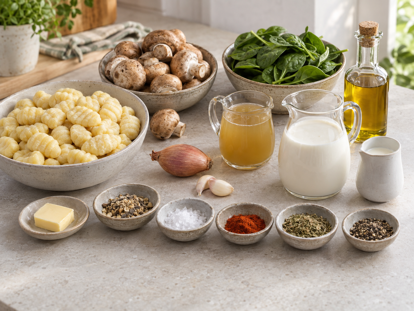 Zutaten für cremige Gnocchi-Pfanne mit Pilzen und Spinat