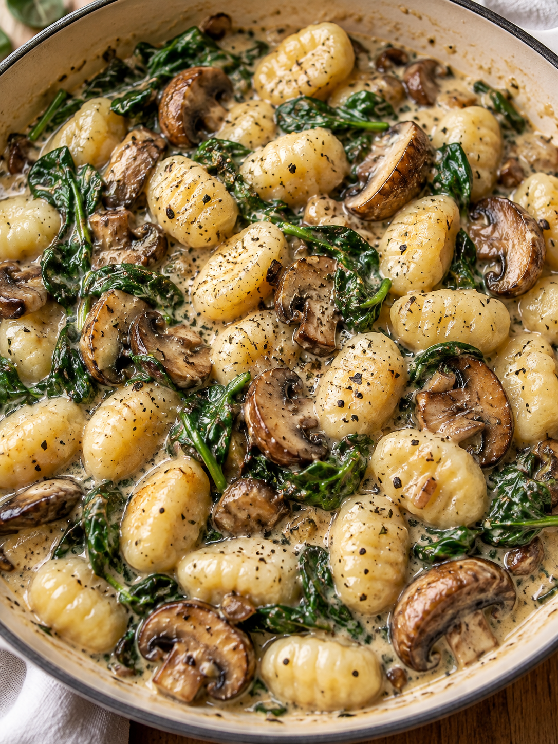 Cremige Gnocchi-Pfanne mit Champignons und Spinat im Hochformat