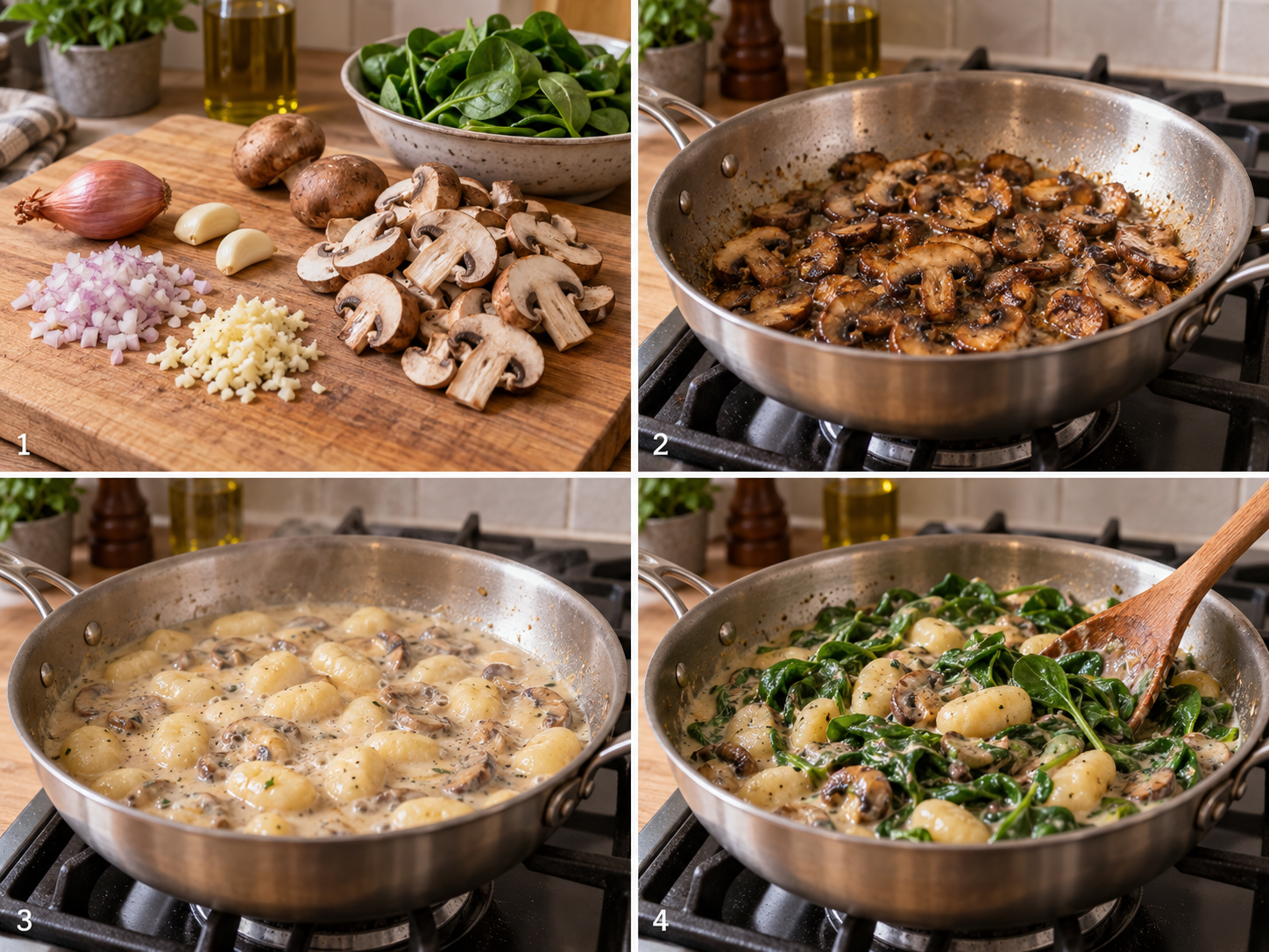 Vier Schritte für Gnocchi-Pfanne mit Pilzen, Sahnesoße und Spinat