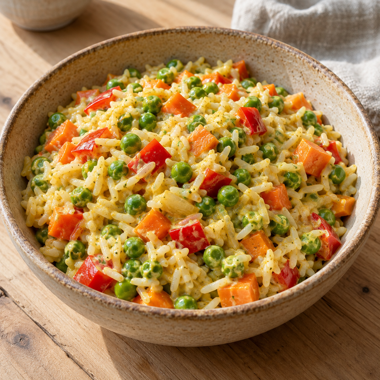 Cremige vegane Reis-Gemüse-Pfanne mit Paprika, Möhren und Erbsen