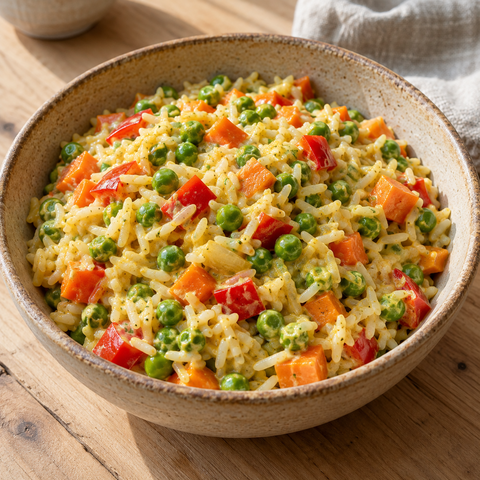 Cremige vegane Reis-Gemüse-Pfanne mit Paprika, Möhren und Erbsen