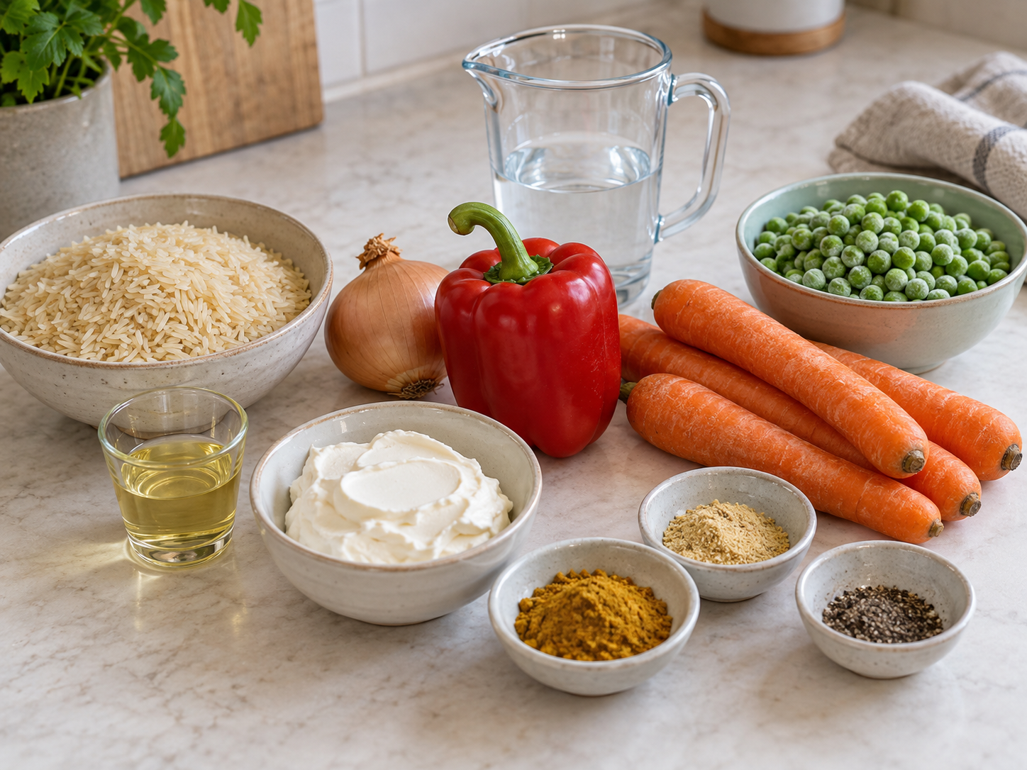 Zutaten für eine vegane Reis-Gemüse-Pfanne mit Frischkäse und Curry