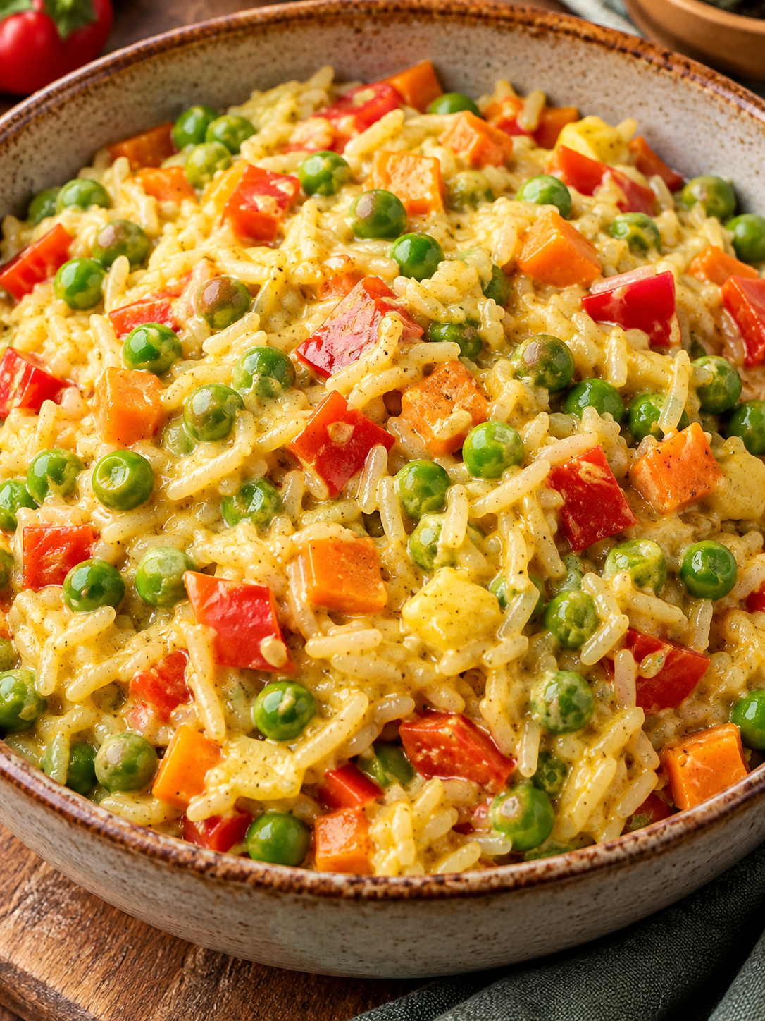 Bunte vegane Reis-Gemüse-Pfanne mit cremigem Frischkäse