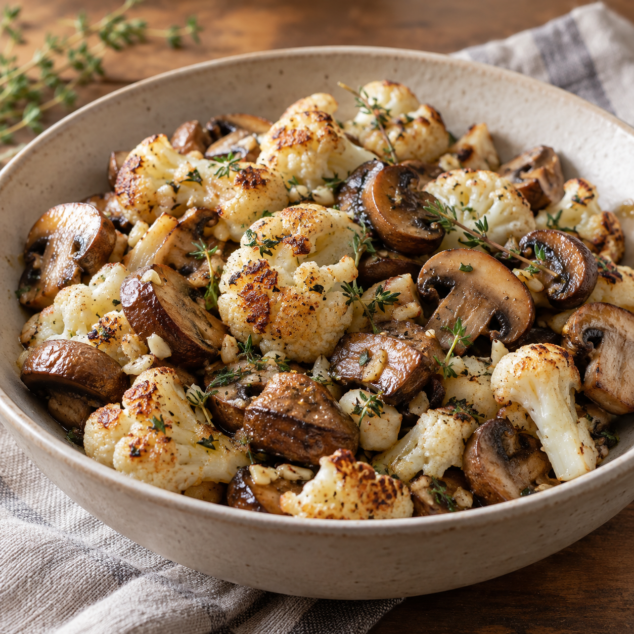 Gebratene Blumenkohl-Champignons-Pfanne mit frischem Thymian