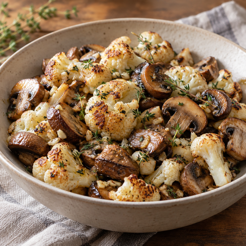 Gebratene Blumenkohl-Champignons-Pfanne mit frischem Thymian