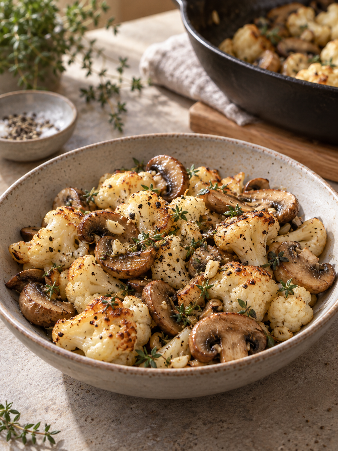 Fertige Blumenkohl-Champignons-Pfanne mit Thymian im Hochformat