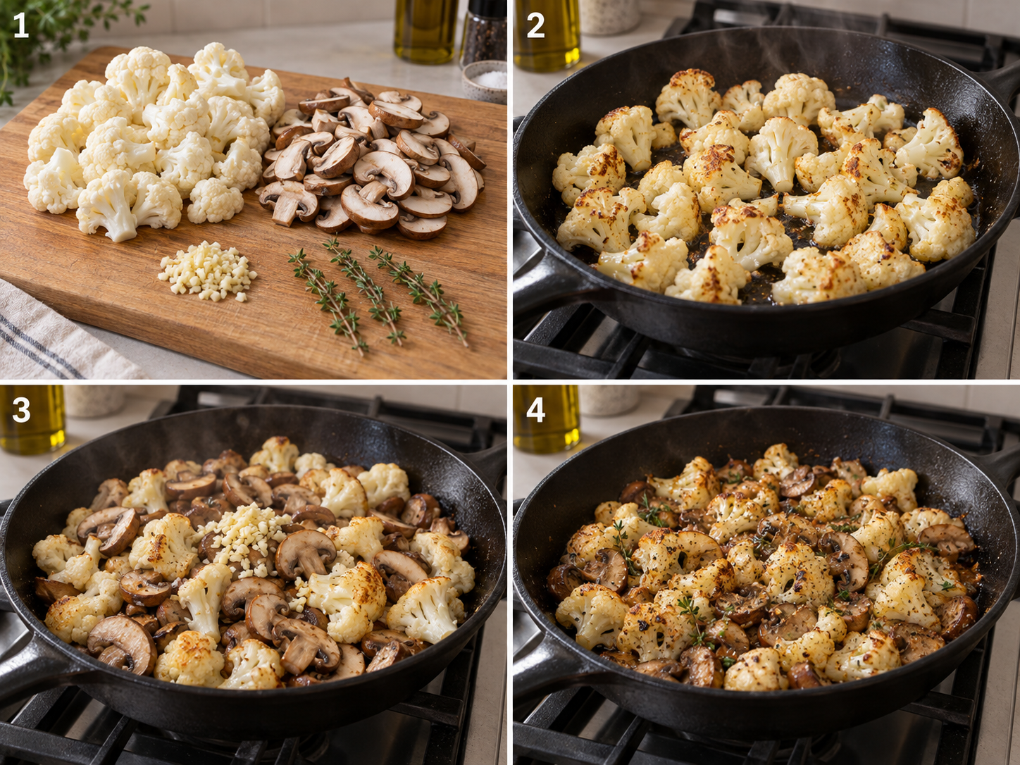 Vier Schritte für Blumenkohl-Champignons-Pfanne mit Thymian
