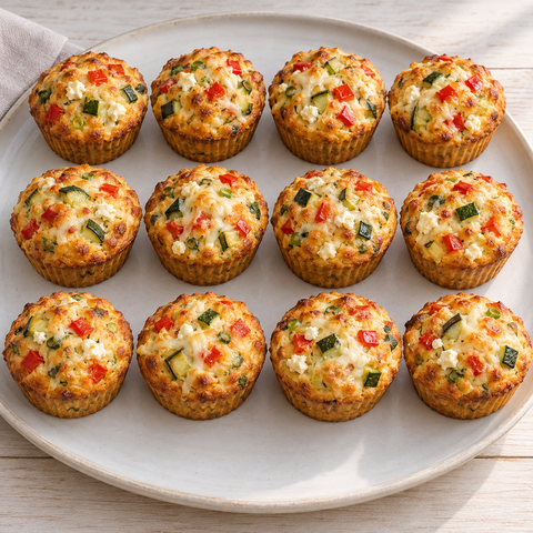 Zwölf goldbraune herzhafte Gemüsemuffins mit Paprika, Zucchini, Mozzarella und Feta